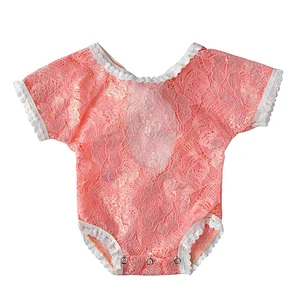 Pink Polyester Toddler Flower Lace Romper Newborn Baby Girl Ruffled Cute Backless  clothes onesie