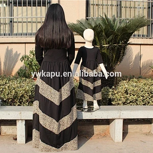 2018 Wholesale mother and daughter latest fashion long sleeve black leopard maxi dress
