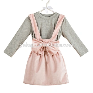 Newest design spring girl long sleeve T shirt and suspender skirts set outfit with bow