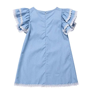 Denim Dress Baby Cotton Dresses Double-Cuffs Lace Denim Tunic Dress For Girl