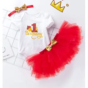 Roupas de saia tutu vermelha para primeiro aniversário de 3 peças de verão para menina
