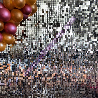 Increíble decoración de aire en movimiento Prop Impresionante espejo de boda iridiscente Fondo de oro rosa 3d Disco Shimmer Panel de pared de lentejuelas