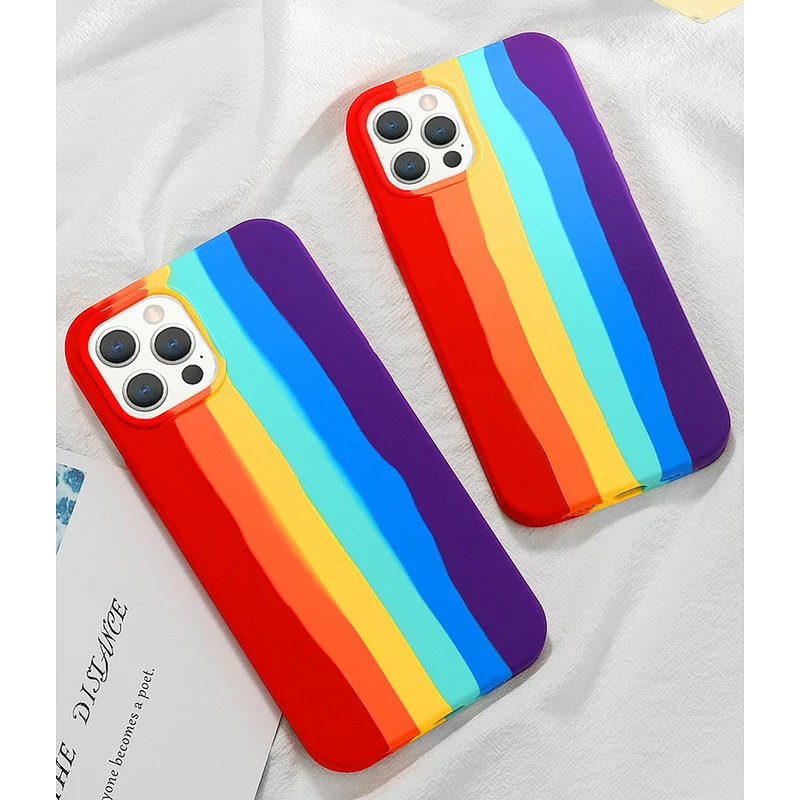 Girls Gradient Colorful Personalized Creative Cute Rainbow Stripes Liquid Silicone Protective Phone Case for iPhone 13 Pro Max