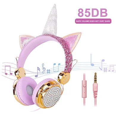 Bodio Good Quality Universal Glitter Colour No Light Small Size Over Ear Stylish  Wired Unicorn Headphone For Gaming