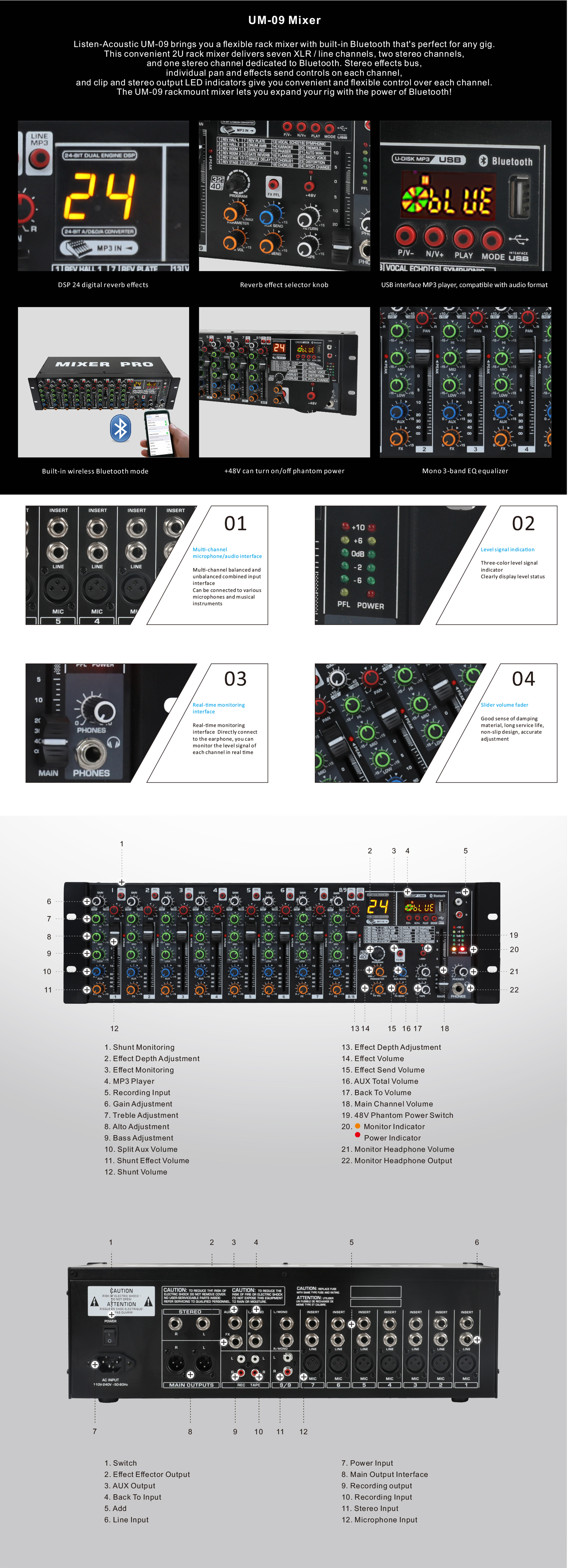 Mixer, Audio Mixer, sound mixer, amplifiers, 1U Mixer, 4 CHS Mixer, Speaker Mixer, 9CH 2U Wireless Rackmount Mixer with Bluetooth