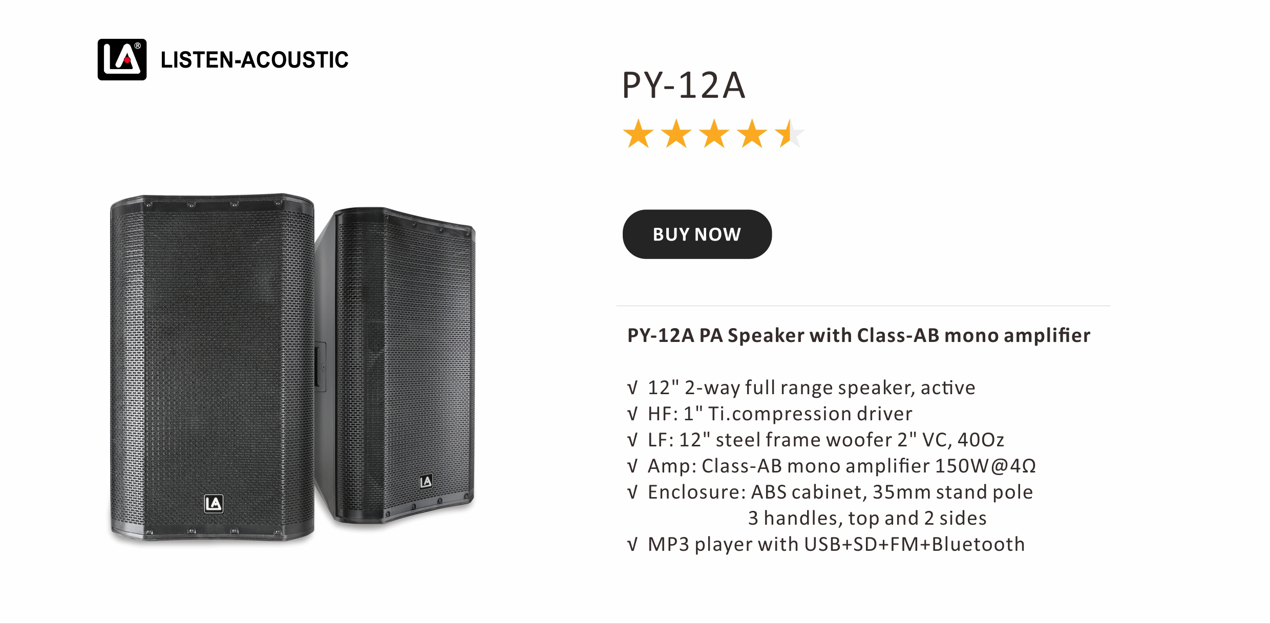 PA Speaker Cabinets, Powered PA Speakers, PA Speakers, PY 12A Powered PA Speakers with Class AB Mono Amplifier