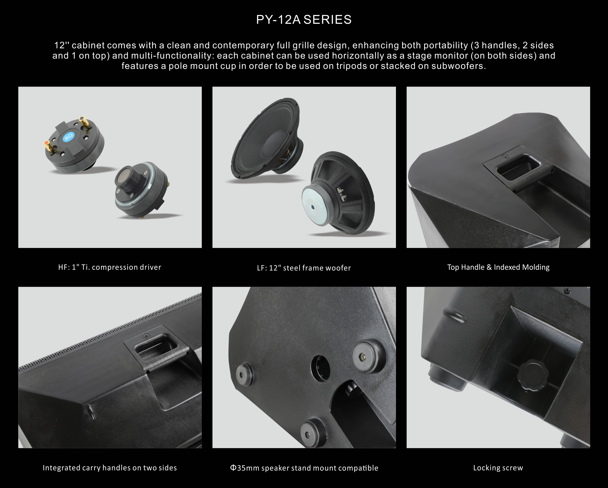PA Speaker Cabinets, Powered PA Speakers, PA Speakers, PY 12A Powered PA Speakers with Class AB Mono Amplifier