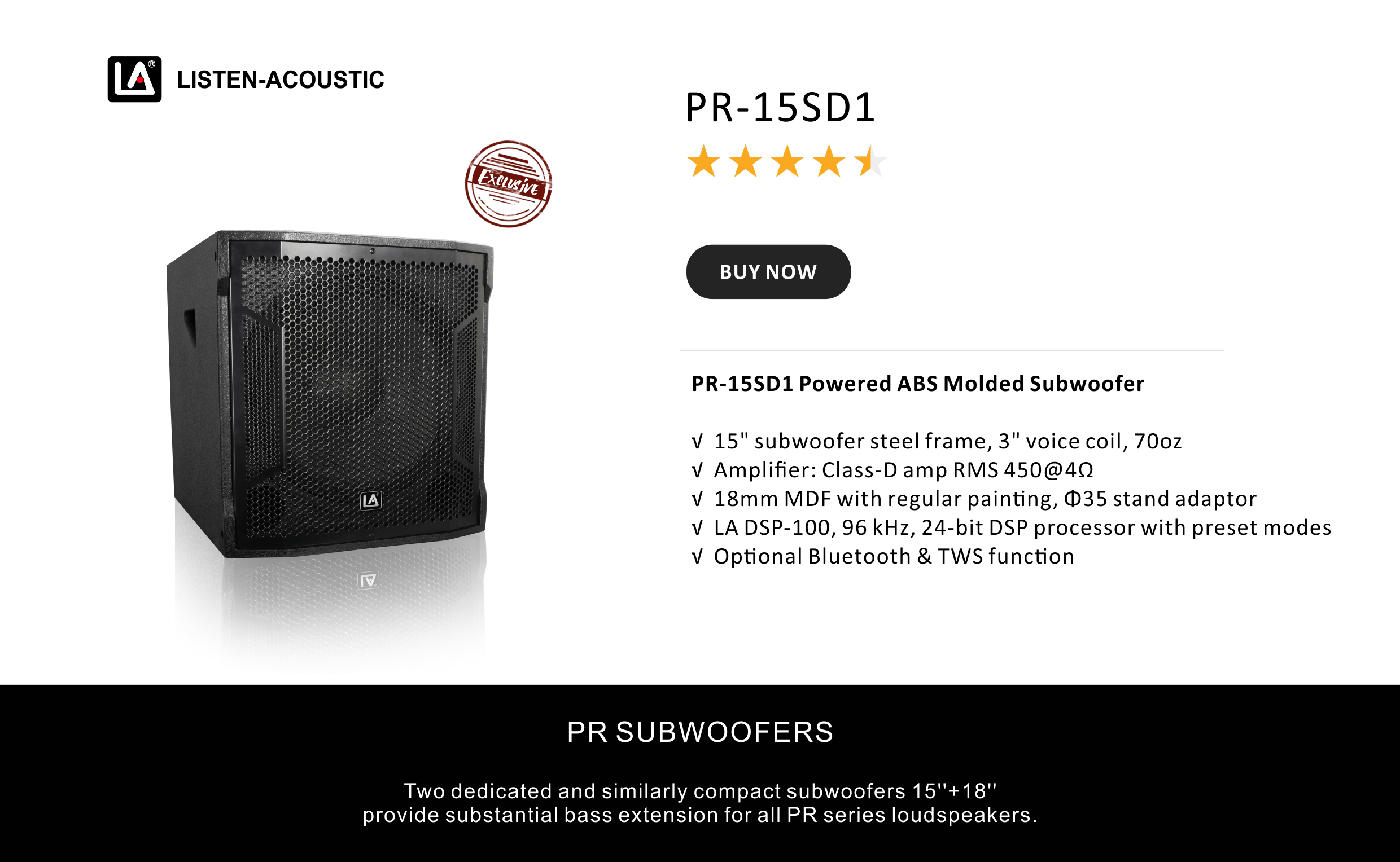 bass, PR 15SD1 Powered subwoofer, subwoofer box, Professional speakers, Wood Speaker, 15 inch Active Subwoofer, ABS Molded PA Speakers PR Series