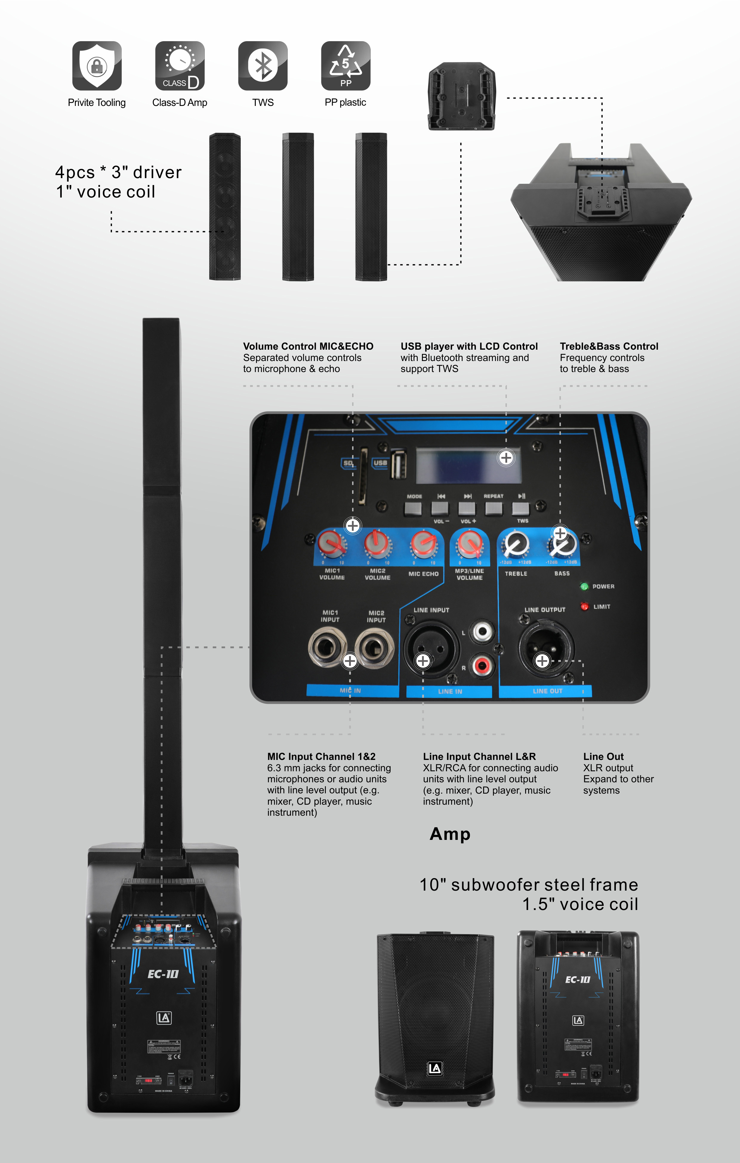 bluetooth speakers, speaker, portable pa system, column array speakers, dj speakers, column array pa system, Combination Systems EC Series, Column Speakers EC-10 Series, professional loudspeaker