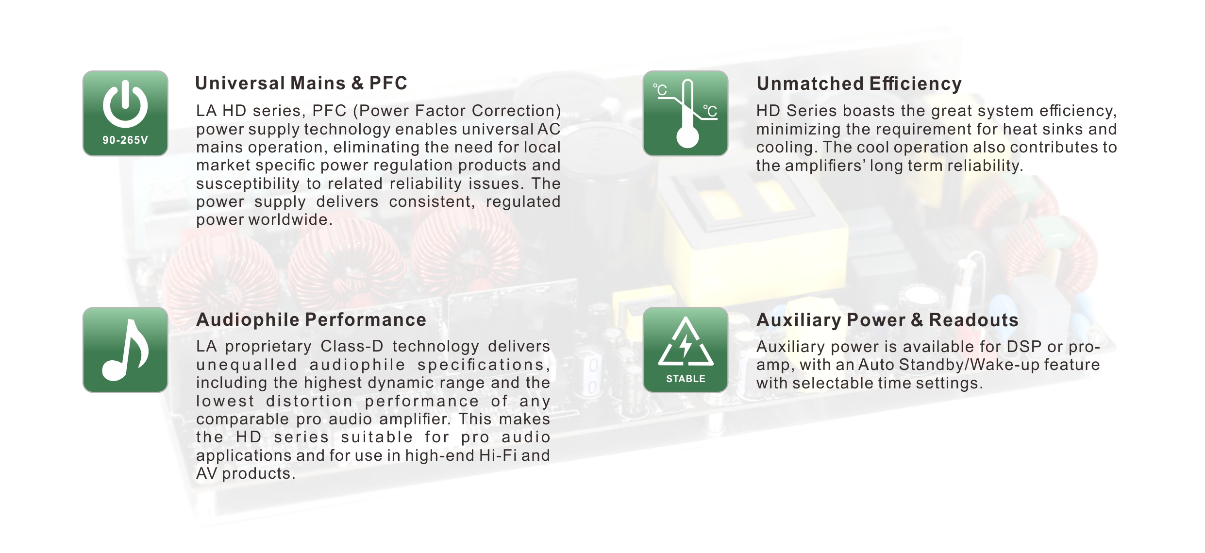 T-HD Series Class-D Amplifier Module, Full Voltage Amplifier Module, PFC Amplifier Module, HD Series Class D Amplifire with PFC technology, Class-D with PFC Technology HD Series