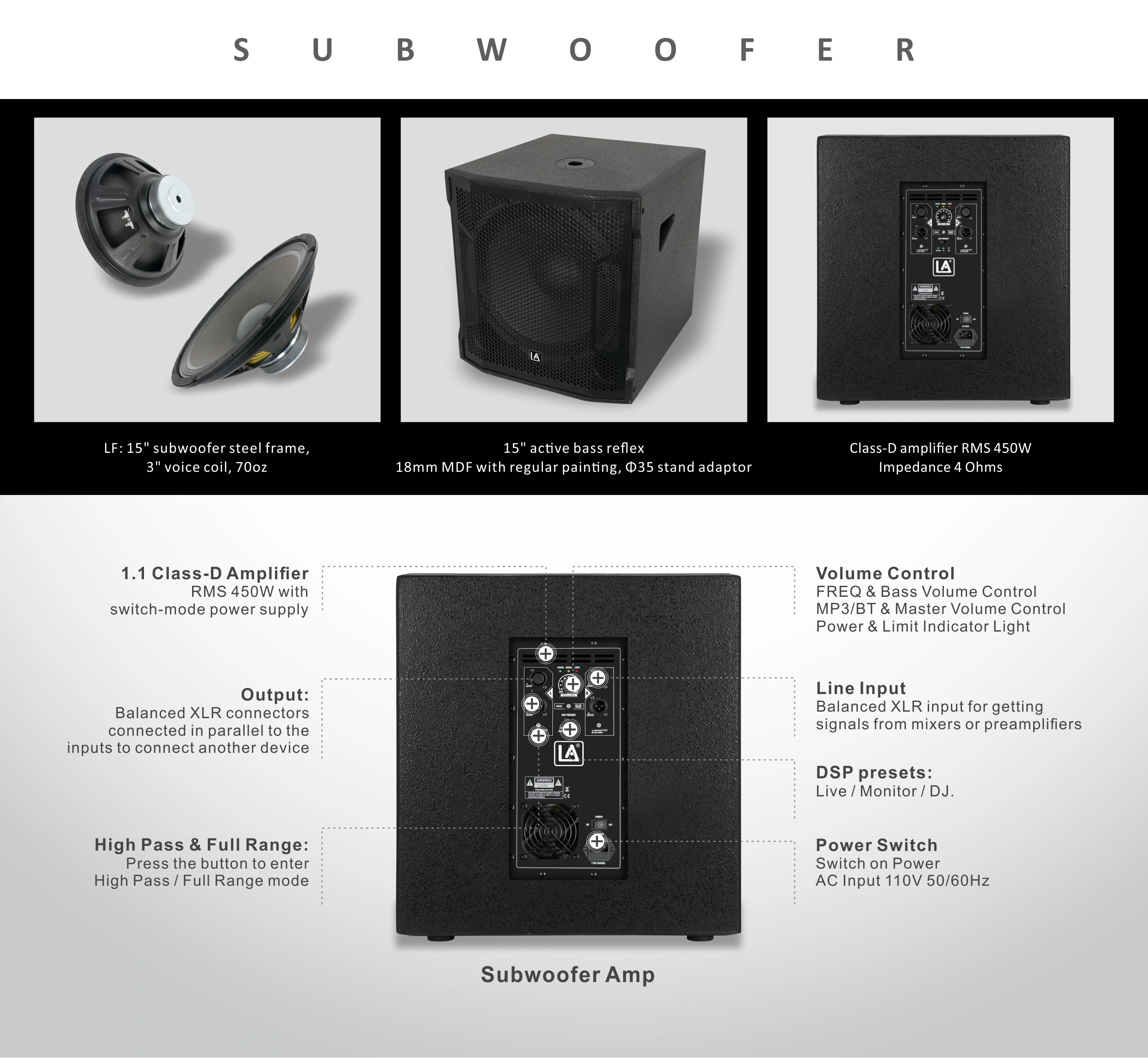 bass,PR 15SD1 Powered subwoofer, subwoofer box, Professional speakers, Wood Speaker, Active Subwoofer