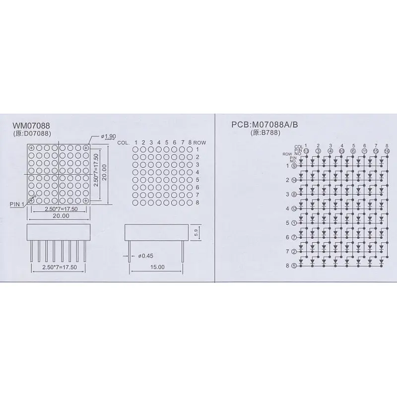 8X8 Dot matrix led display 7088-asr led matrix led display 20x20mm