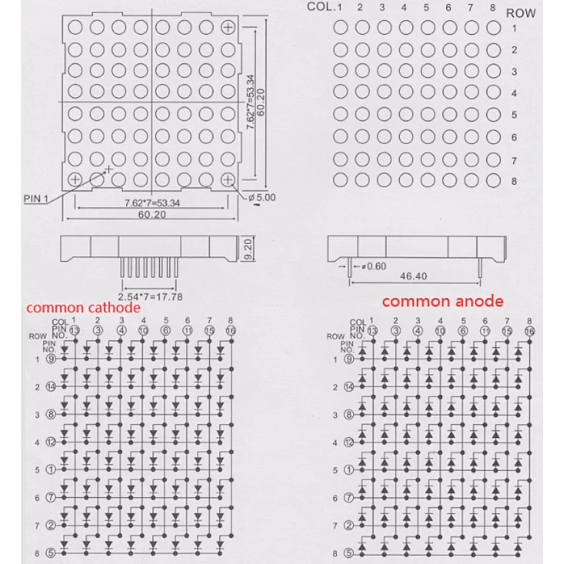 60x60mm round led dot matrix display 8x8 blue 5mm led matrix Houkem 23088 AB