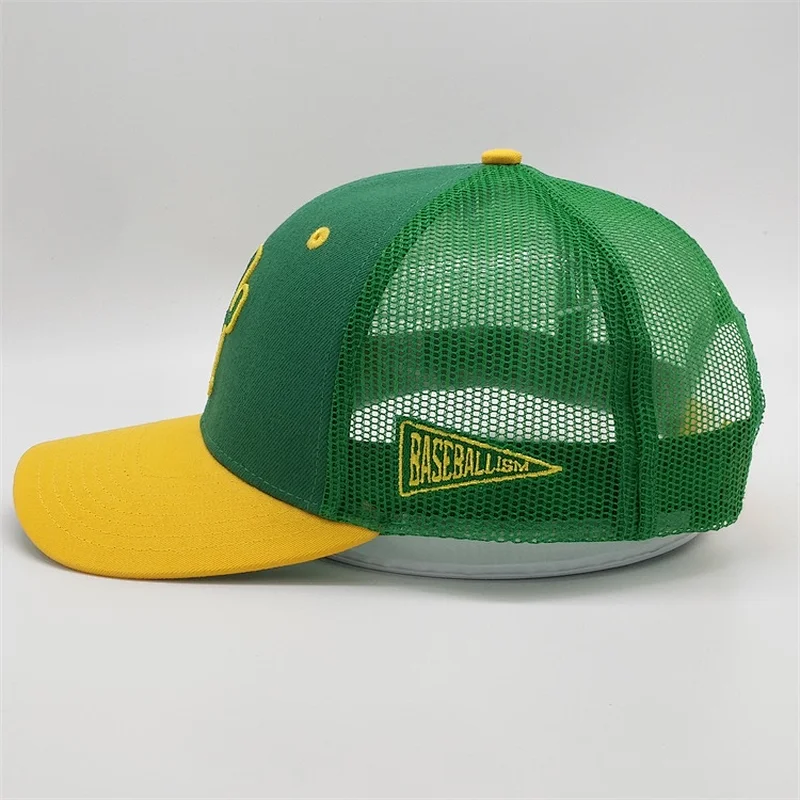 Custom 6 Panel 3d Puff Embroidery Snapback Hat, Adjustable Mesh Yellow