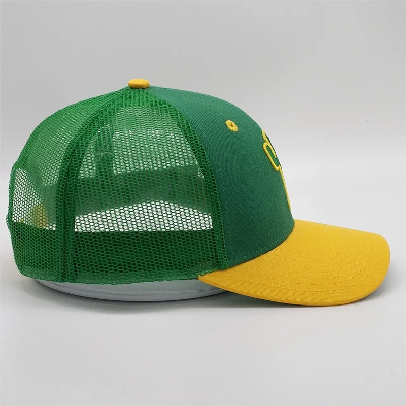Custom 6 Panel 3d Puff Embroidery Snapback Hat, Adjustable Mesh Yellow