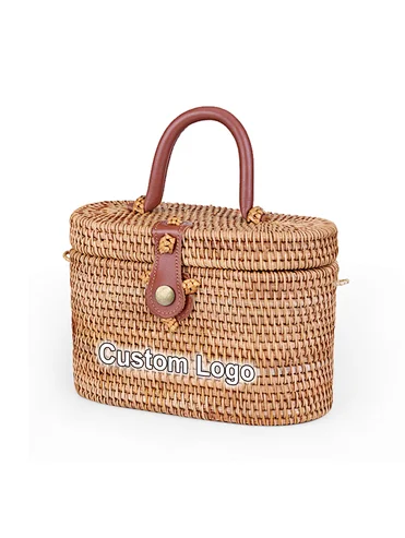 2023 OEM Wholesale Custom Logo Summer Rattan Handbag Box Lady Shoulder Bamboo Bag Woven Straw Clutch Beach Women Rattan Bag