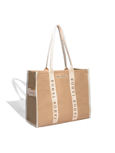 Fashionable Multi Purpose Cream Color Women Handbags Cotton Shopping Beach Bag Two-tone Canvas Tote Bag Wit Black Handles