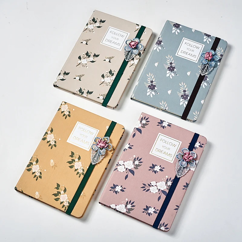A5 notebook with printing and elastic band ,flower decoration on the band,golden foil