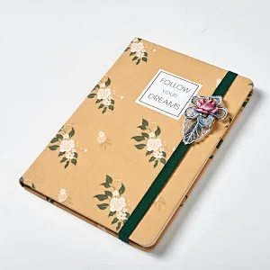 A5 notebook with printing and elastic band ,flower decoration on the band,golden foil