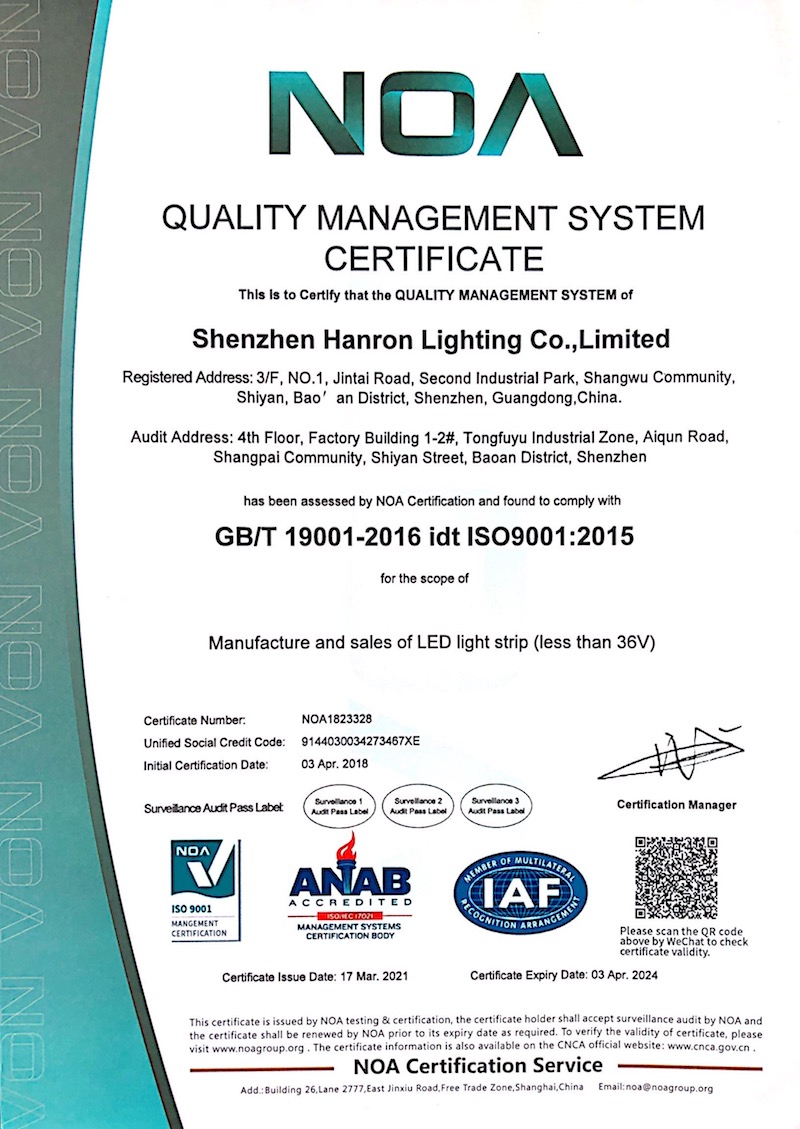 Hanron  ISO9001:2015 certificate