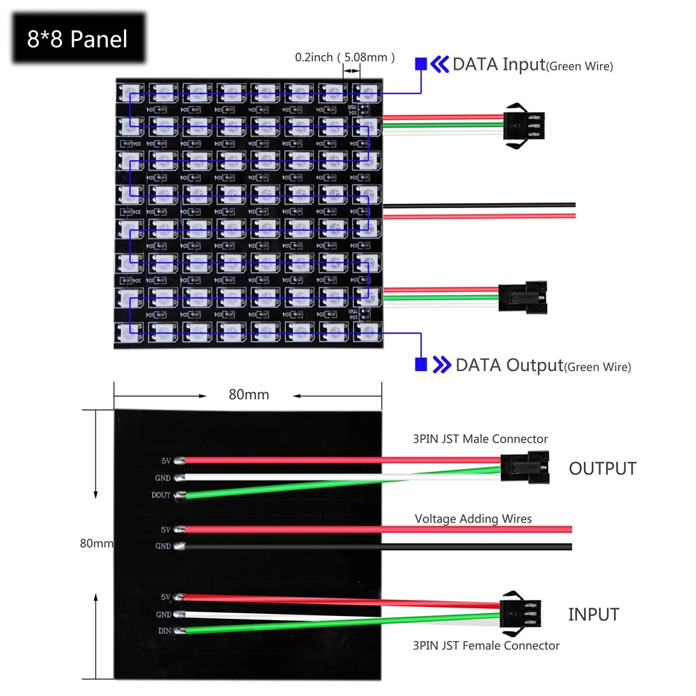 8x32 16x16 8x8 RGB WS2812B SK6812 flexible led pixel panel dimension and circuit
