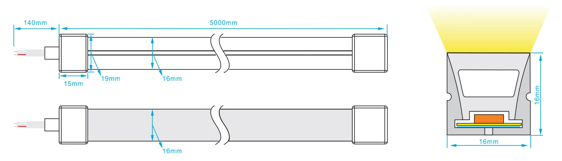 dimension of rgb white dual white 12v 24v top bend 1616 led neon flex