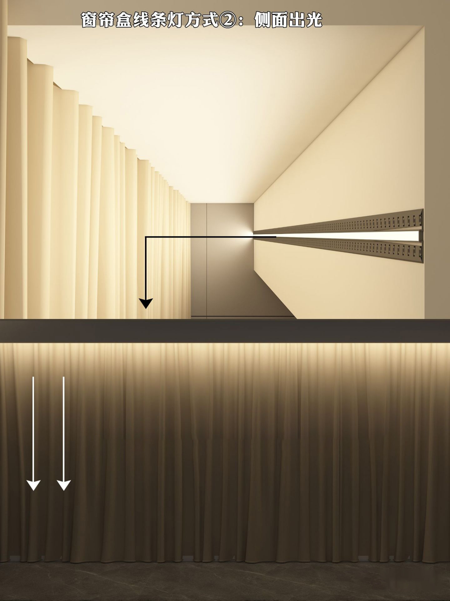 The light effect of method 2:The light falls evenly on the curtains, but does not reach the ground