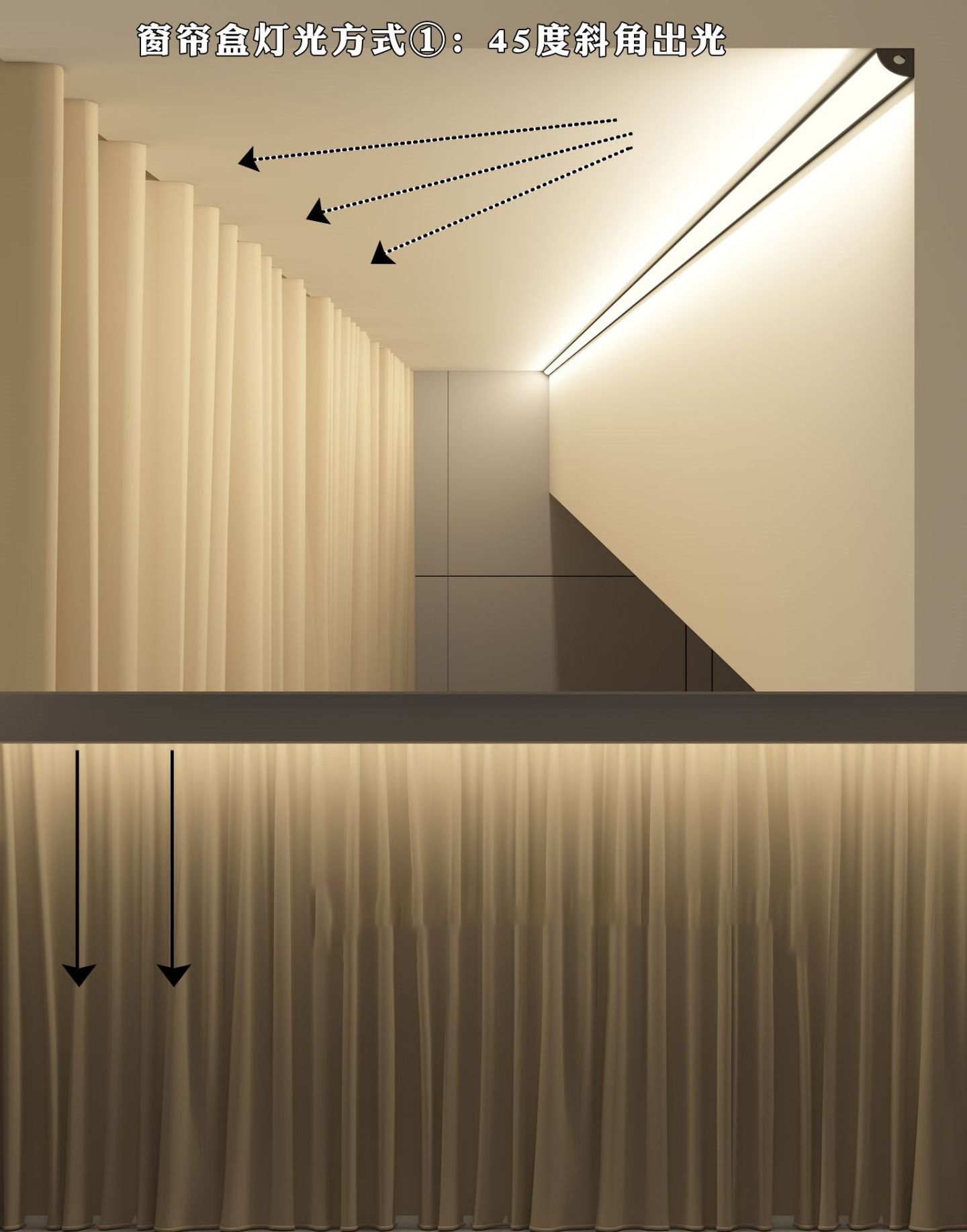 The light effect of method 1: The light is soft on the curtain, the upper part is bright and the lower part is dark