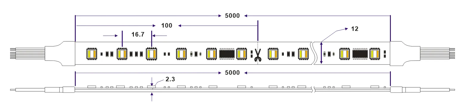 dimension of ucs512g6 rgbww dmx led strip light