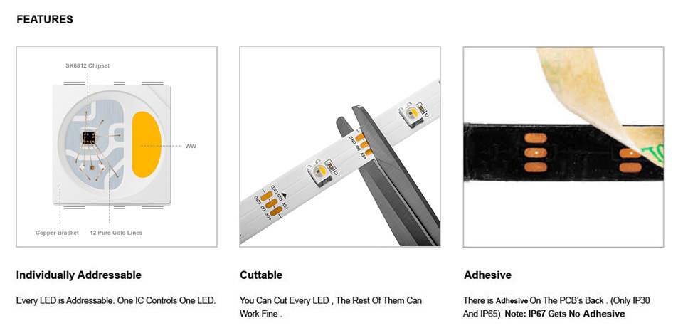 feature of addressable sk6812 rgbw led strip