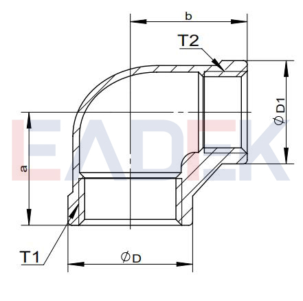 Stainless Steel 90 Degree Reducing Elbow FF Drawing