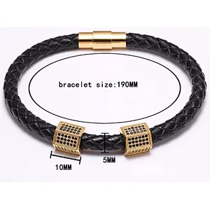 Fashion Jewelry Double Leather Woven CZ Stones Tube Charms Accessories Magnet Clasp Bracelet
