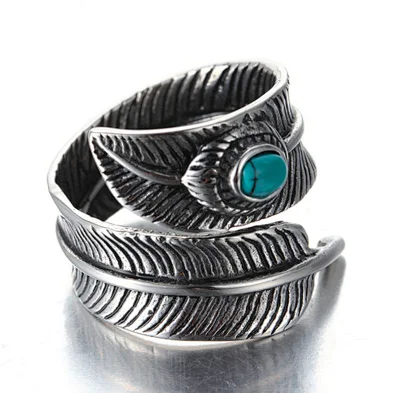 925 Sterling Silver Plated Men Vintage Feather With Blue Stone Biker Rocker Feather Adjustable Ring