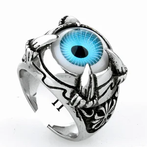 Hip Hop Man Punk Biker Style Solid Stainless Steel Skull Claw Vivid Blue Eye Rings