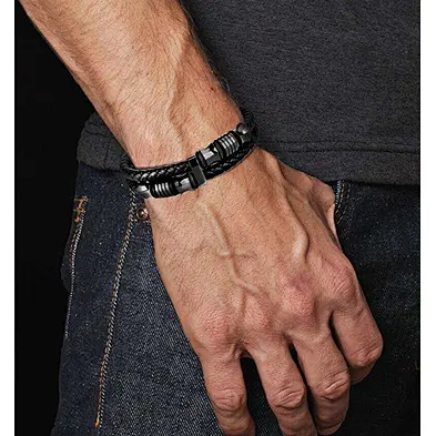 Stainless steel magnetic clasp leather bracelet men's cuff bracelet