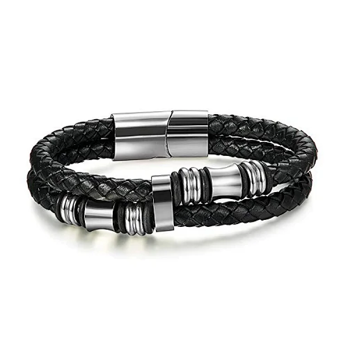 Stainless steel magnetic clasp leather bracelet men's cuff bracelet