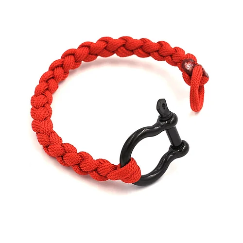 Handmade Red Braided Cord 316L Stainless Steel PVD Plated High Polished Black Shackle Wristband Jewelry