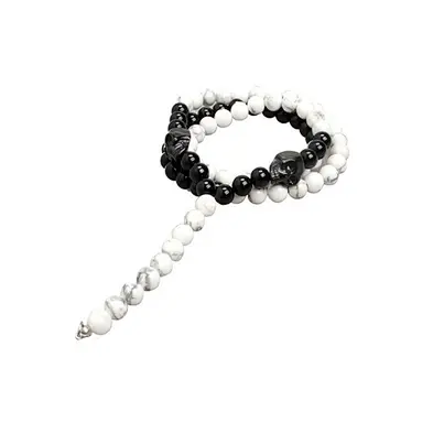 Black Double Skull Charms Natural Stone Necklaces Black Agate With White Turquoise Bead Necklace For Men