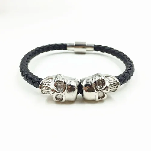 JMY Fashion Trendy Magnetic Cap Skull Braided Genuine Leather Wrist Strap Bracelet For Men
