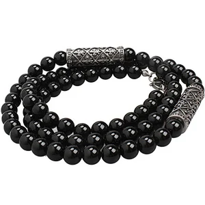 Antique Silver Plated Round Charms Natural Agate Stone Necklaces Black Agate Bead Necklace For Men
