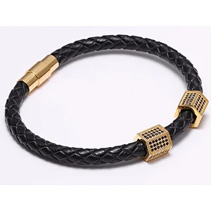 Fashion Jewelry Double Leather Woven CZ Stones Tube Charms Accessories Magnet Clasp Bracelet