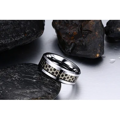 Fashionable Refined Polishing IP Gold Plated Tungsten Carbide Steel Hexagonal Star Carbon Fiber Material Ring Man