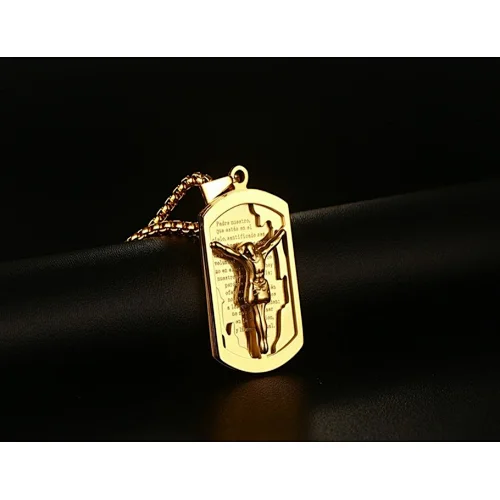 Golden Scriptures Pendant 41.5MM Stainless Steel Jesus Square Necklace Religious Jewelry