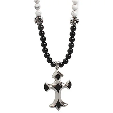 Fashion Natural Matte Agate Stone Bead Necklace Cross Men Stainless Steel Cross Pendant Necklace