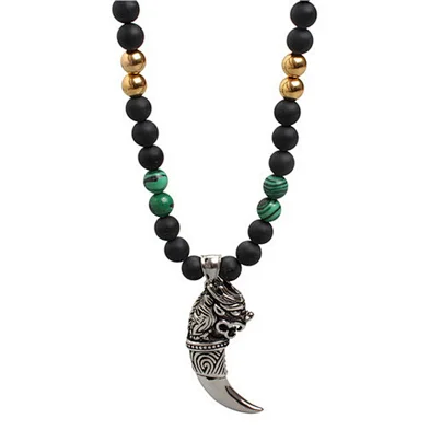 Mens Fashion High Polishing Stainless Steel Dragon Head Wolf Tooth Pendant Necklace Jewelry