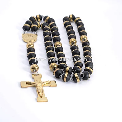 Faithful Black Rubber Beads Lourdes Catholic Rosary in Gold Color Cross Necklace Pendant