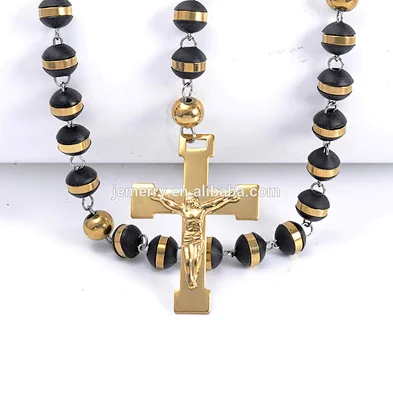 Faithful Black Rubber Beads Lourdes Catholic Rosary in Gold Color Cross Necklace Pendant