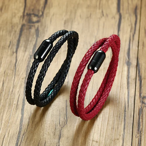 39CM Stainless Steel Black IP Plated Magnet Buckle Double Woven Genuine Leather Clasp Bracelet