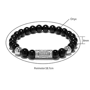 Fashion Jewelry Wholesale Natural Stone Onyx Black Agate Beads Bracelet With Top Grade Zircon Pave Drill Men Bead Bracelet