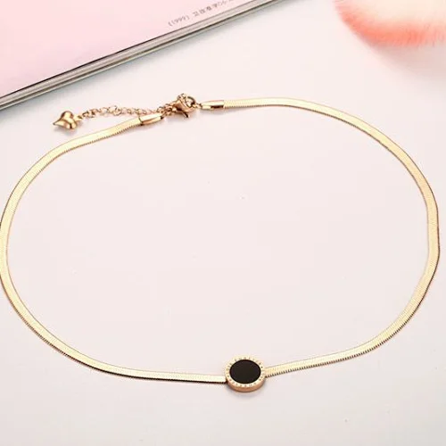 12mm Stainless Steel Flat Snake Chain Necklace Rose Gold Women Enamel Round Pendant Necklace
